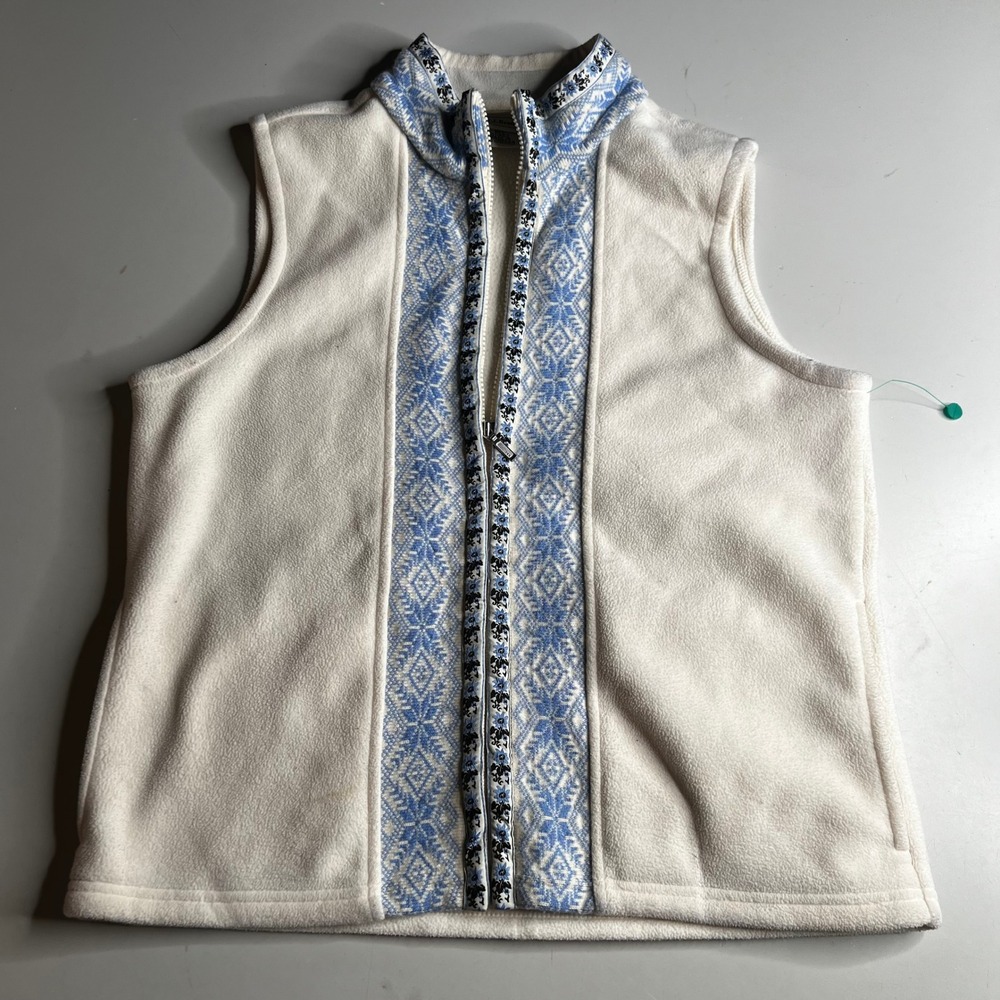 LL Bean Fleece Vest Womens Medium Cream Blue Nordic Fair Isle Full Zip 0PA63